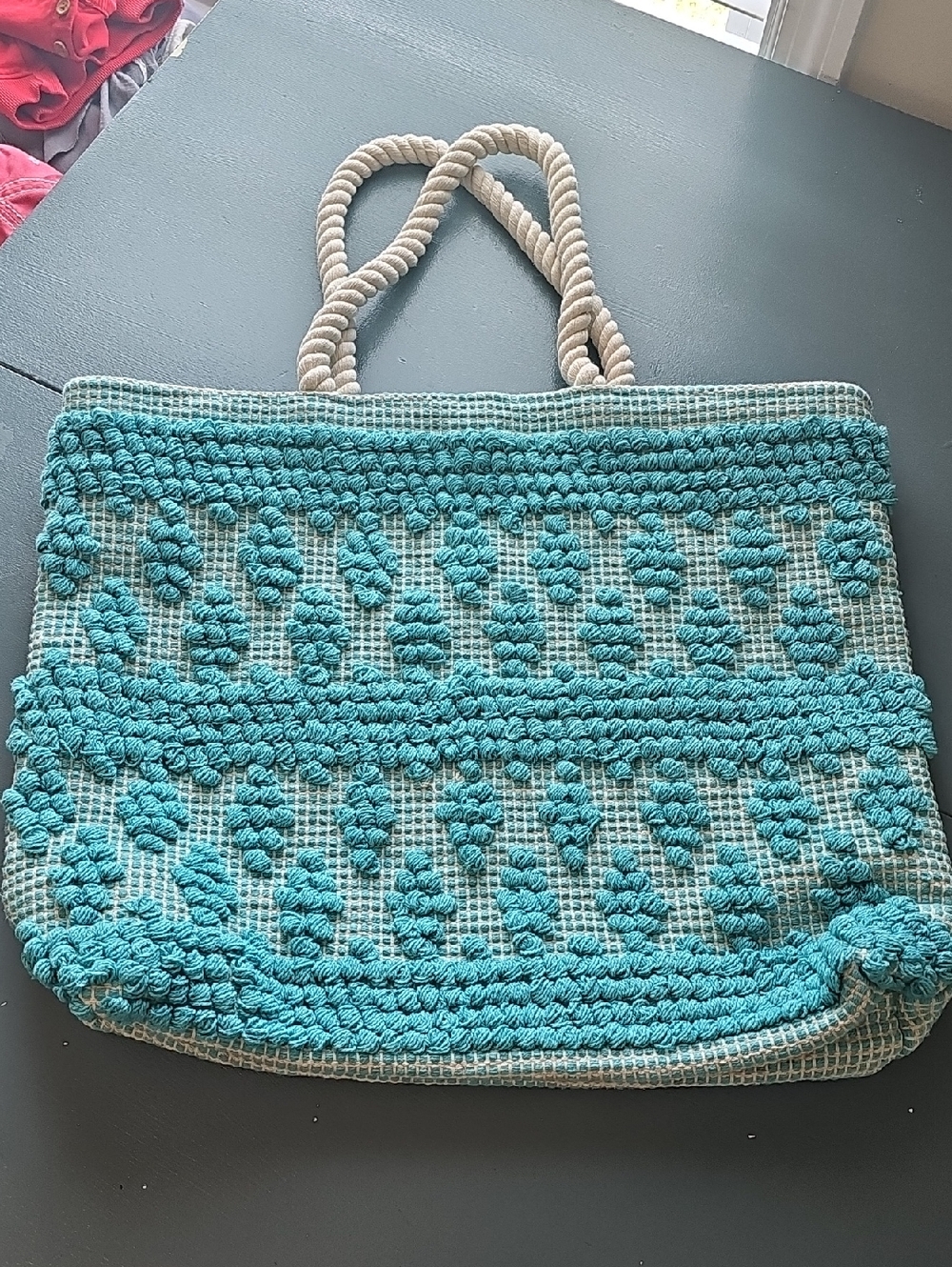 Turquoise Crochet Rope-Handle Tote Bag. Like New Snap Closure Falls Creek.